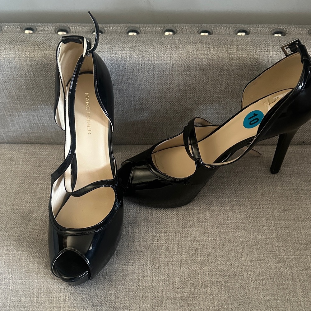 Marc Fisher Black Patent Peep-Toe Ankle-Strap Pumps